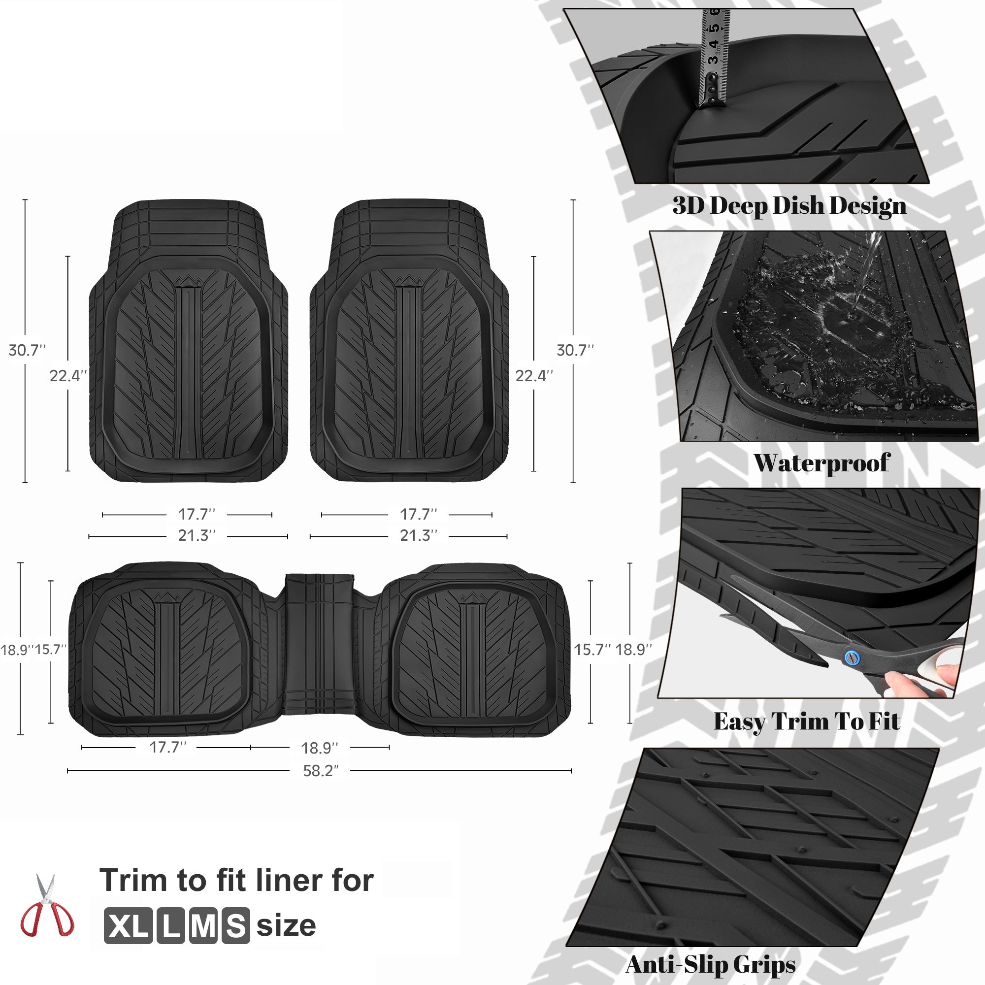 Sharkskin Tyre 3-Piece PVC Black Floor Mat Set